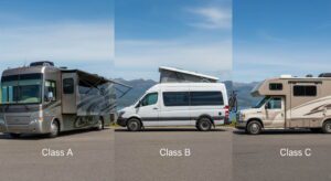 캠핑카 클래스 A, 클래스 B, 클래스 C를 비교하는 이미지. 왼쪽부터 버스 모양의 클래스 A, 밴 형태의 클래스 B, 트럭 기반의 클래스 C가 나란히 서 있다.