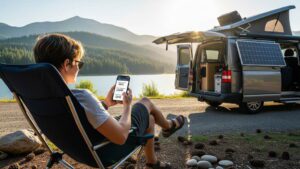 캠핑카 밖에서 스마트폰으로 배터리 상태를 확인하는 사람