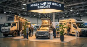 캠핑카 전시회장에서 관람객들이 르노 마스터 기반 최신 캠핑카 내부를 살펴보는 장면, 주변에는 스타리아와 봉고 기반 캠핑카도 전시된 모습