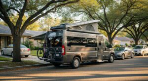 일반 승합차처럼 보이는 클래스 B 캠핑카가 한적한 주택가에 주차된 모습. 도심에서도 쉽게 운전하고 주차할 수 있는 장점을 보여준다.