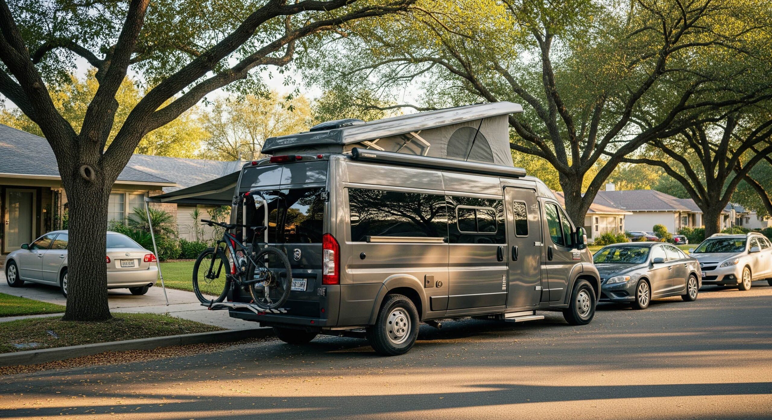 일반 승합차처럼 보이는 클래스 B 캠핑카가 한적한 주택가에 주차된 모습. 도심에서도 쉽게 운전하고 주차할 수 있는 장점을 보여준다.