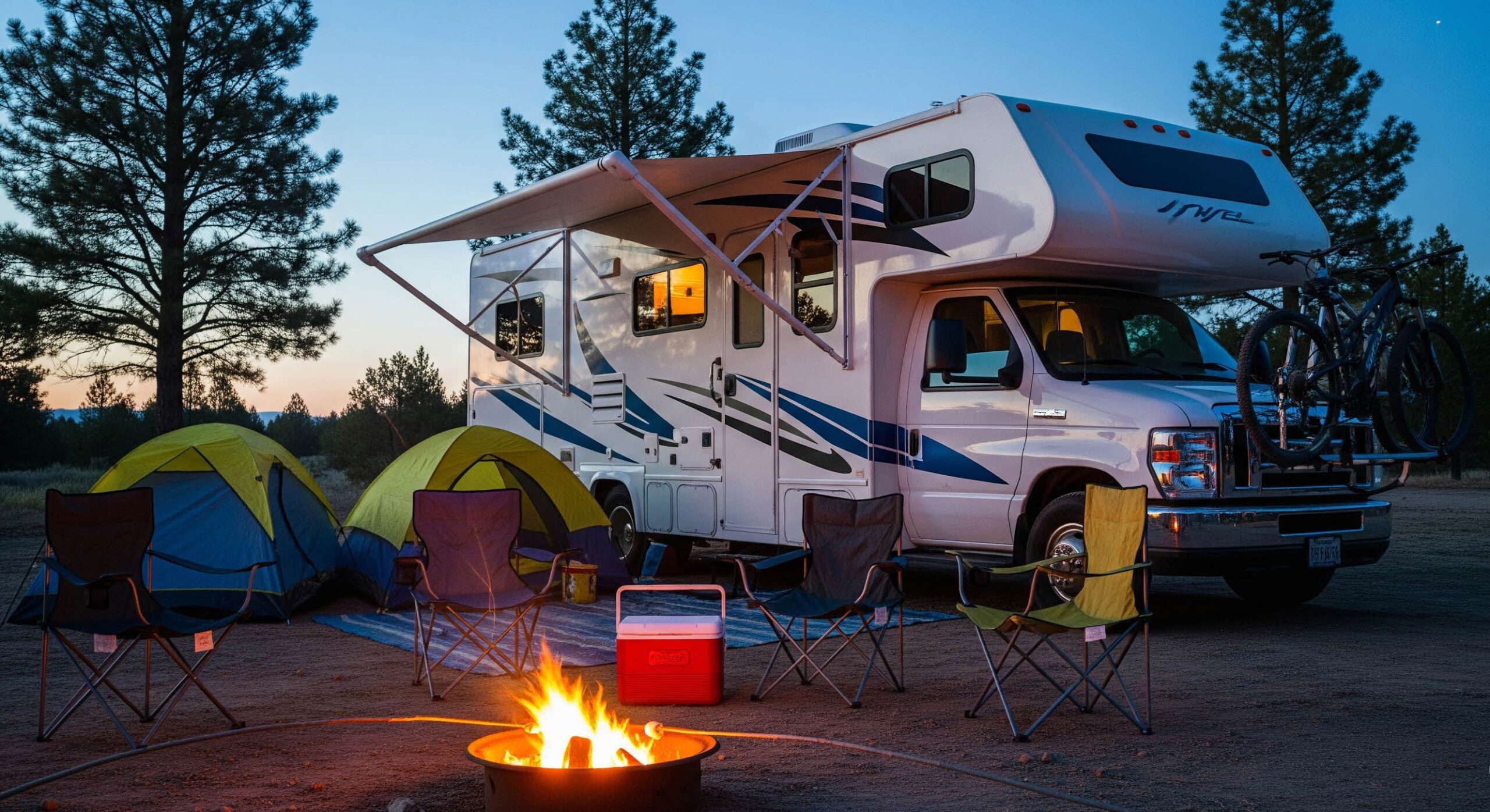 운전석 위로 벙커 베드가 돌출된 클래스 C 캠핑카가 캠핑장에 주차된 모습. 주변에 텐트와 캠핑 장비가 보인다.