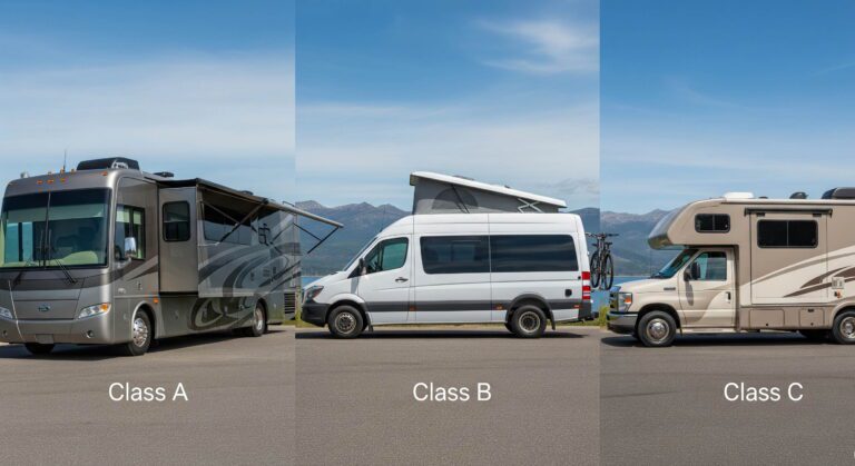 캠핑카 클래스 A, 클래스 B, 클래스 C를 비교하는 이미지. 왼쪽부터 버스 모양의 클래스 A, 밴 형태의 클래스 B, 트럭 기반의 클래스 C가 나란히 서 있다.