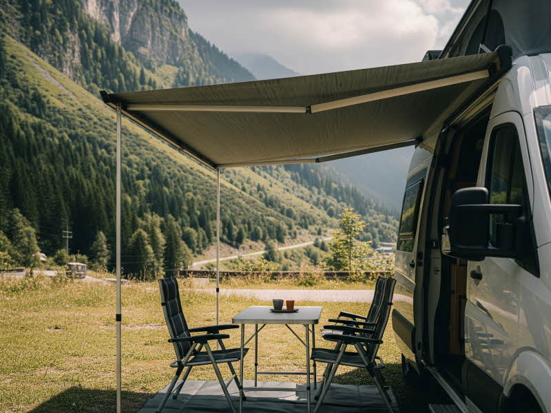 guide-awning 캠핑카 측면에 설치된 어닝 아래 야외 테이블과 의자