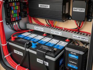 guide-battery 캠핑카 내부에 설치된 리튬인산철 배터리와 주행충전기