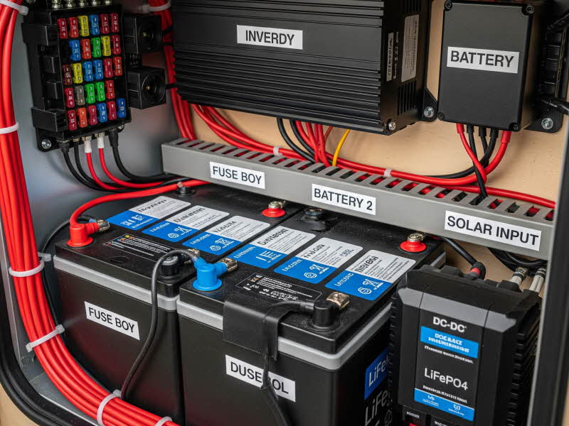 guide-battery 캠핑카 내부에 설치된 리튬인산철 배터리와 주행충전기