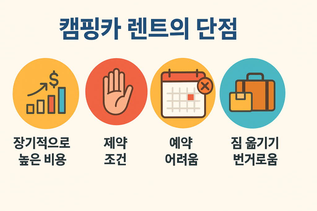 캠핑카 렌트의 단점 인포그래픽 – 장기적으로 높은 비용, 제약 조건, 예약 어려움, 짐 옮기기 번거로움