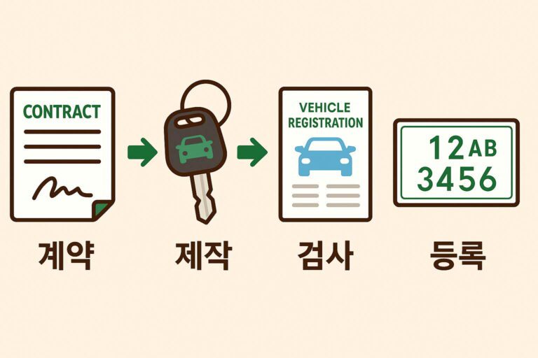 캠핑카 구매 절차를 보여주는 인포그래픽 – 계약서, 자동차 키, 차량 등록증, 번호판이 순서대로 배치되어 계약, 제작, 검사, 등록 과정을 시각화