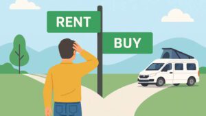 캠핑카 렌트와 구매 사이 갈림길에 서서 고민하는 사람의 일러스트