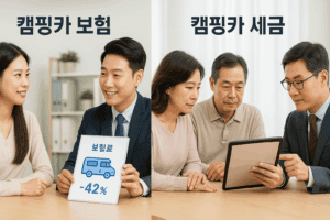 왼쪽에는 보험회사 직원이 캠핑카 보험료를 상담하는 장면, 오른쪽에는 세무사가 캠핑카 세금을 상담하는 장면이 나란히 배치된 합성 이미지