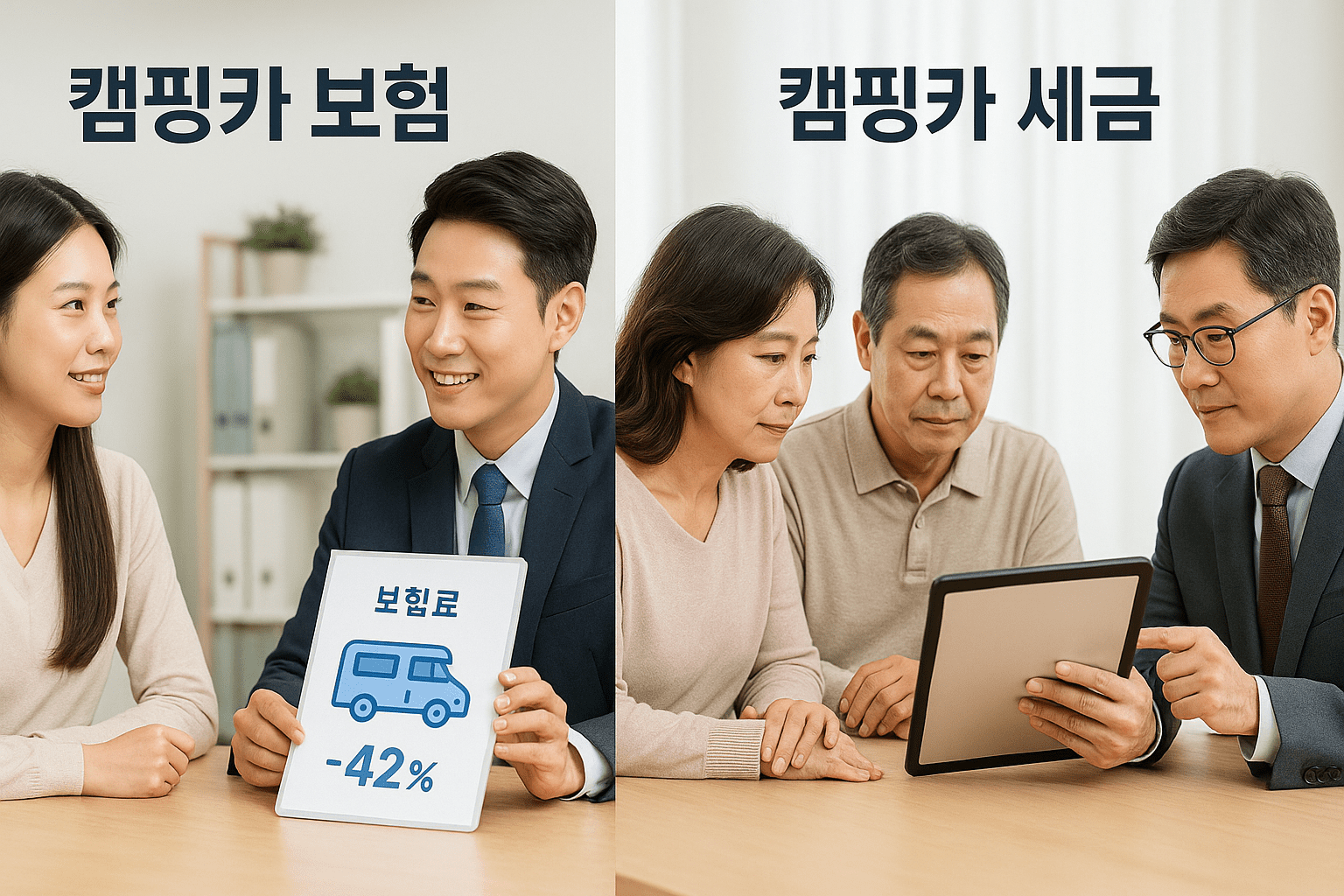 왼쪽에는 보험회사 직원이 캠핑카 보험료를 상담하는 장면, 오른쪽에는 세무사가 캠핑카 세금을 상담하는 장면이 나란히 배치된 합성 이미지