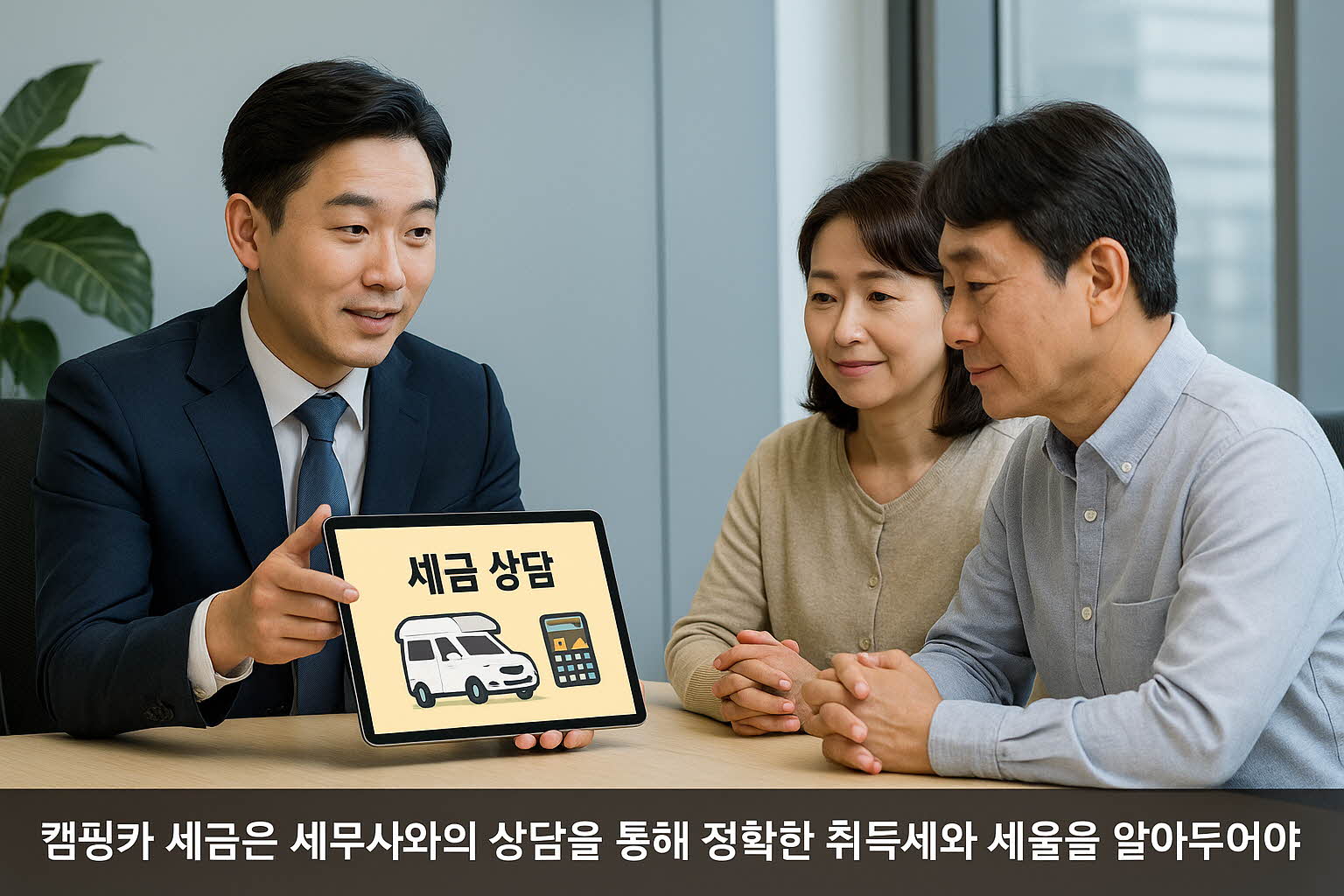 세무사 사무실에서 세무사가 태블릿을 보여주며 캠핑카 세금과 취득세율을 설명하고, 고객 부부가 진지하게 상담을 듣는 모습