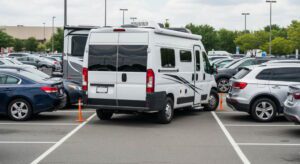 세련된 디자인의 트럭 기반 캠핑카가 일반 승용차 전용 주차장에 주차하려고 애쓰는 모습, 좁은 공간과 주변 차량들로 인해 주차가 어려운 장면