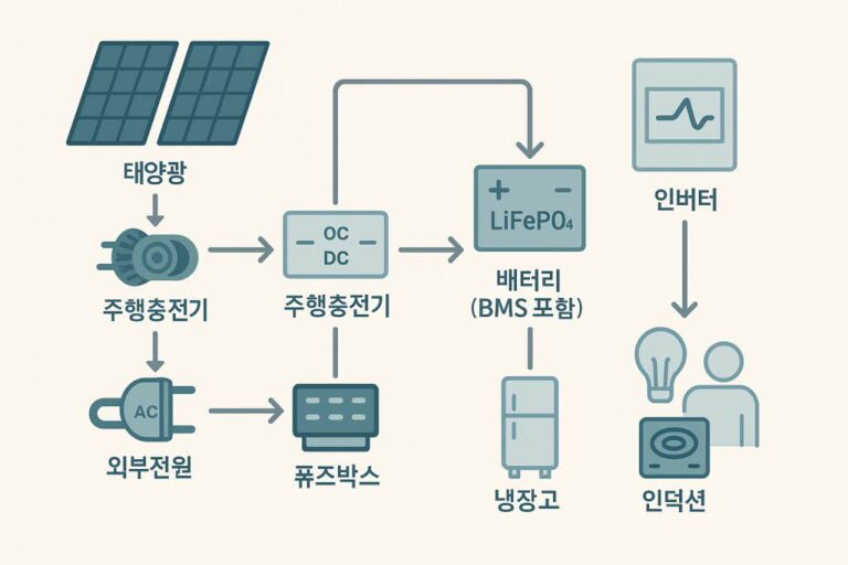 캠핑카 전기 시스템 인포그래픽 – 태양광, 주행충전기, 외부전원, 인산철 배터리, 인버터, 퓨즈박스, LED 조명과 냉장고, 인덕션 연결 흐름도