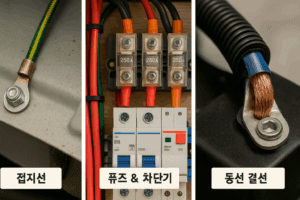 캠핑카 전기 안전 요소 – 접지선, 퓨즈 & 차단기, 동선 결선을 보여주는 포토콜라주