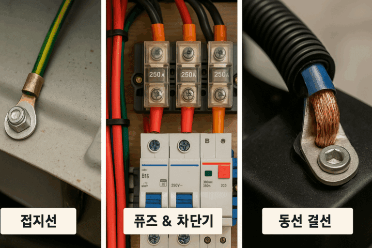 캠핑카 전기 안전 요소 – 접지선, 퓨즈 & 차단기, 동선 결선을 보여주는 포토콜라주